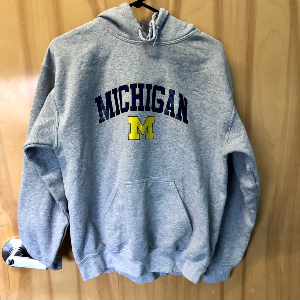 Gildan Gray Hooded Sweatshirt with Navy Michigan Text & Yellow M